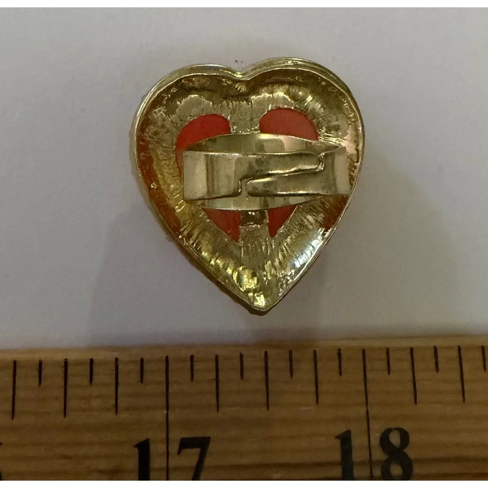 Gold Tone Coral Pink Resin Heart Statement Ring  Adjustable Cocktail Rhinestones